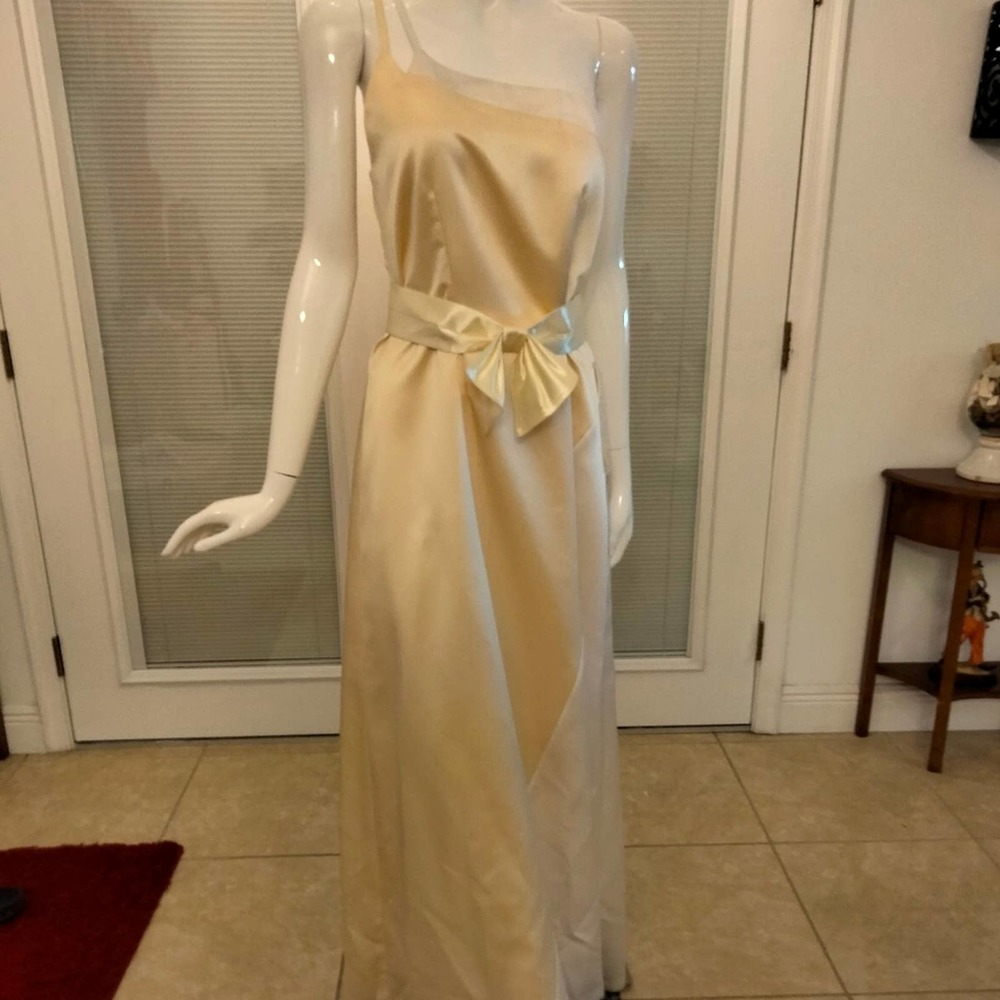 Original One shoulder yellow white satin evening prom gown Size 10